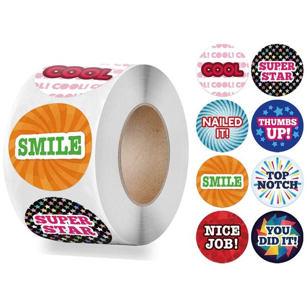 

8 designs cute stickers english reward sticker 500pcs/roll 1 inch for encourage children girls boys school teacher supplies