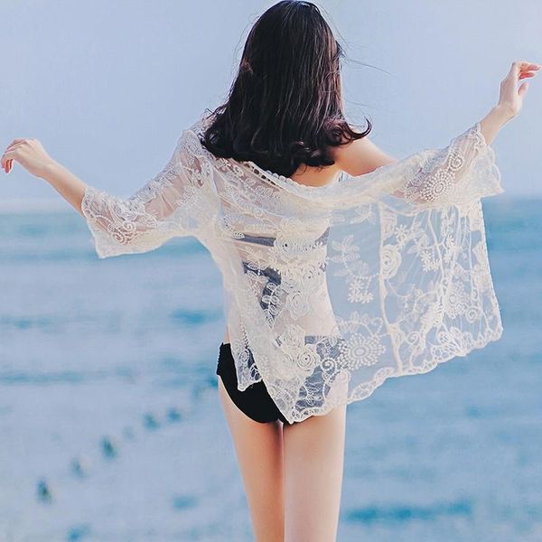 

lace flower cardigan bikini cover up women beach swimwear sunscreen beachwear long blouse shirts femal women's blouses &, White
