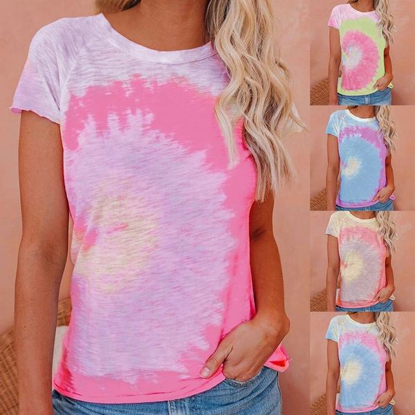 

women's t-shirt summer fashion round neck tie dye print short sleeve top, White