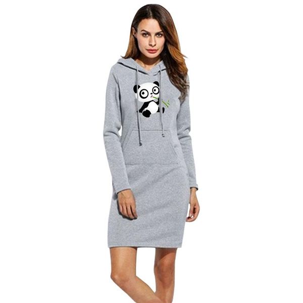 

casual dresses women autumn winter loose longer hoodie panda print sweatshirts multi pocket drawstring long sleeve sweatshirt dress, Black;gray