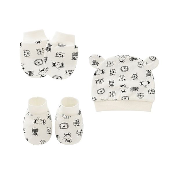 Baby Hat младенцы против царапания хлопчатобумажные перчатки + уши шляпа + набор для ног набор рожденных варевых носков шапочки кепки 211023