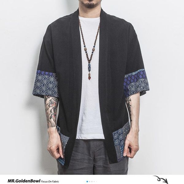 

men's jackets the latest cotton linen shirt jacket 2021 spring and summer fashion print five-point sleeve loose street kimono 5xl, Black;brown