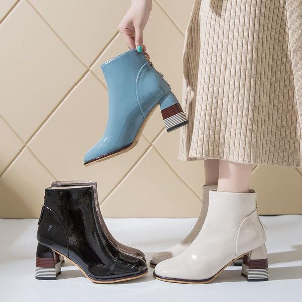 

boots soft patent leather short woman high heels ankle women fall shoes 2021 block heel female footware british style blue, Black