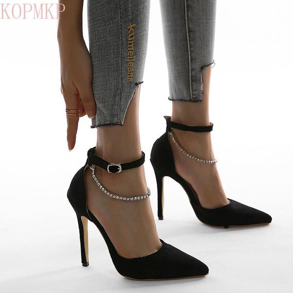 

dress shoes the diamond chain sparkles with high heels and one-word buckle for women's in large sizes, Black
