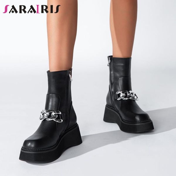 

boots sarairis 2021 autumn brand fashion women mototrcycle platform wedges heels female ankle booties street footwear shoes, Black