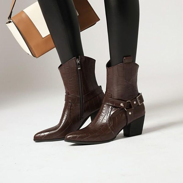

woman wedge high heels boots 2021 stone pattern ankle for women buckle design chunky botas mujer western, Black