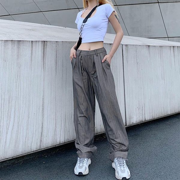 

women's pants & capris high fashion street women casual solid stripe zipper waisted wide leg korean harajuku trousers streetwear s-l, Black;white
