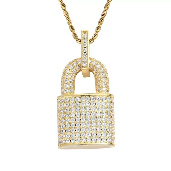 

bling diamond cubic zircon lock necklace hip hop jewelry set 18k gold padlock pendant necklaces stainless steel chain fashion for women men, Silver