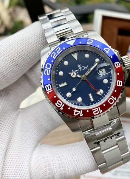 

wristwatches luxury men sport gmt black ceramic bezel mechanical stainless steel automatic eta2813 bracelet blue red watch, Slivery;brown