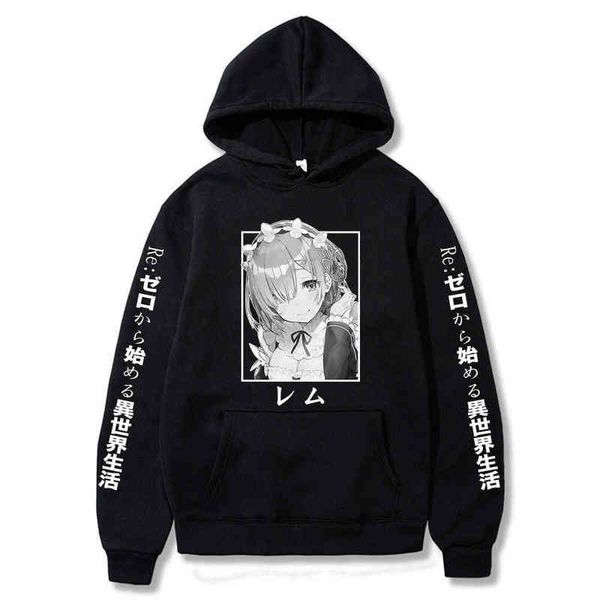 

re:zero restarting life from zero in new world print hoodie anime harajuku rem ram autumn long sleeve sweatshirt plus size h1206, Black