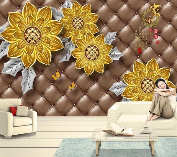 

wallpapers wellyu custom wallpaper european 3d three-dimensional golden flower soft bag jewelry tv background wall bedroom decor