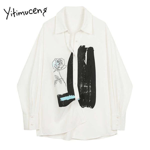 

yitimuceng print blouse women button shirts loose spring fashion turn-down collar long sleeve office lady casual 210601, White