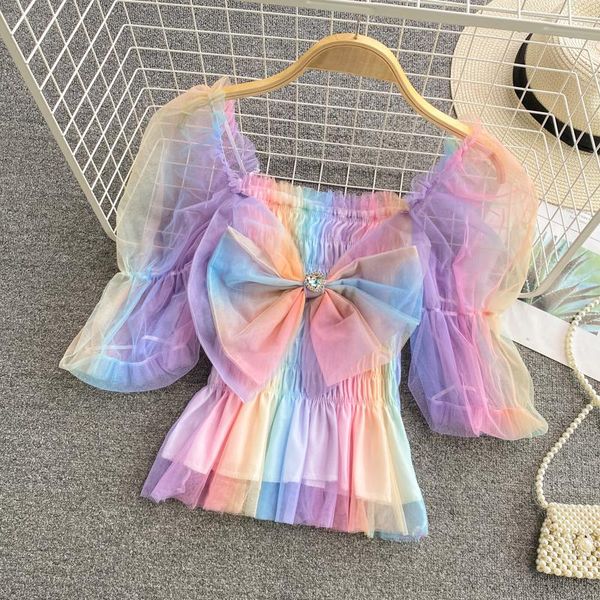 

women's blouses & shirts puff short sleeve chiffon blouse clothing summer 2021 style diamond bow square collar gradient color, White
