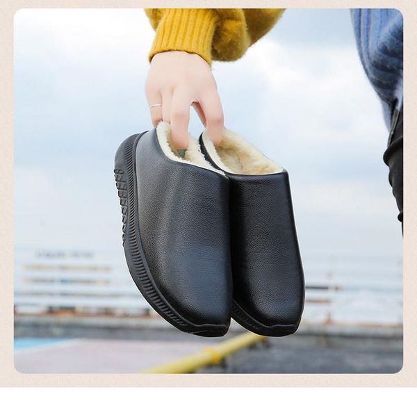

slippers ladies 2021 winter cotton shoe women large size 42 43 44 pu leather women's shoes home warm non-slip men's slipper, Black