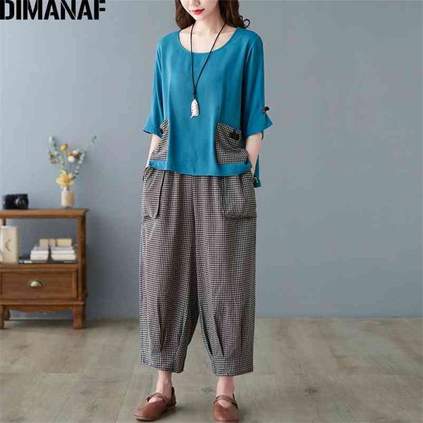 

summer plus size two pieces set suit vintage women lady shirt long pants loose cotton linen plaid pocket -2xl 210531, White