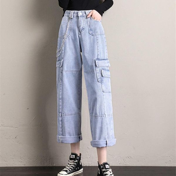 

limiguyue spring women jeans high waist wide leg pants loose long harem vintage chic pockets denim trousers harajuku k064 women's, Blue