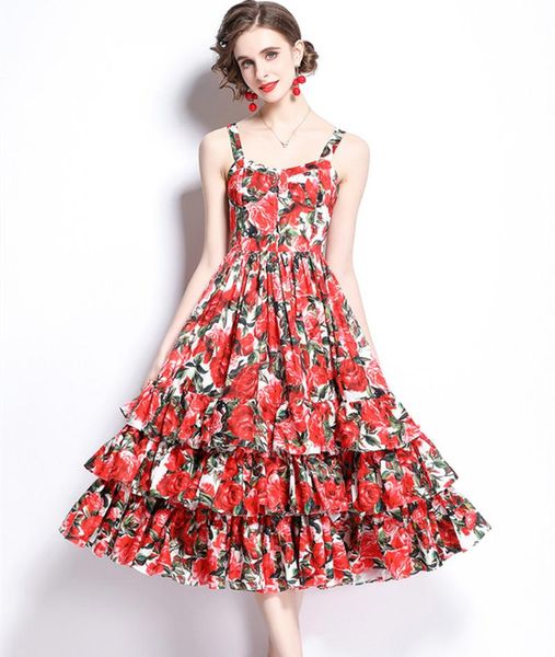 

casual dresses runway designer fashion summer holiday dress women spaghetti strap rose flower print backless cascading ruffles boho midi, Black;gray