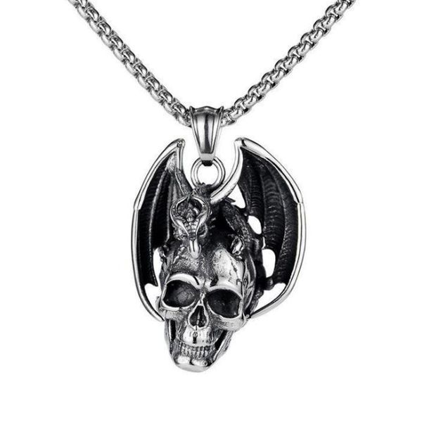 

vintage punk mens necklace black skull and dragon stainless steel pendant for men colar jewelry necklaces, Silver