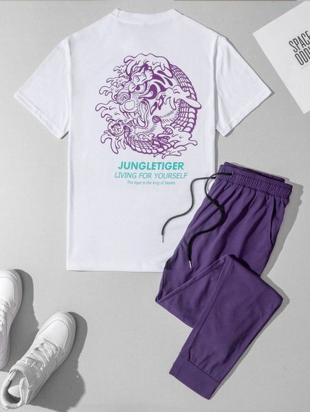 

men chinese dragon & slogan graphic tee with drawstring sweatpants z7io#, Gray