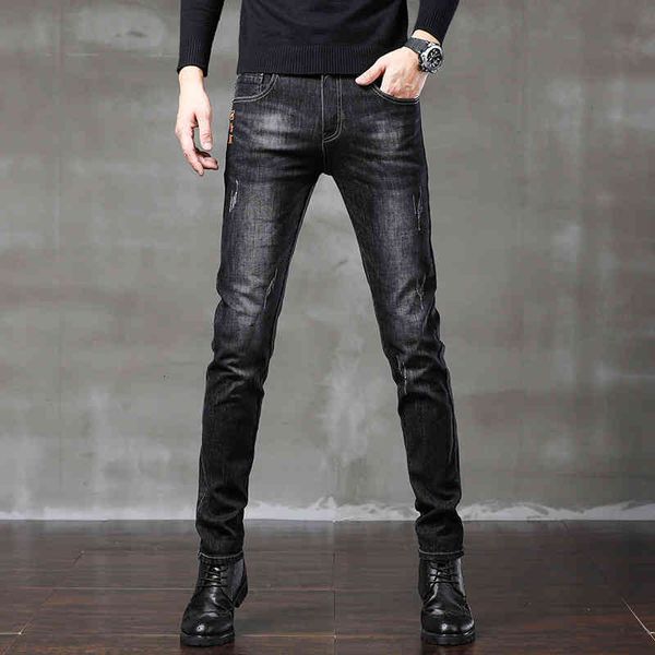 

2021 men's jeans korean fashion slim pants youth elastic casual long men, Blue