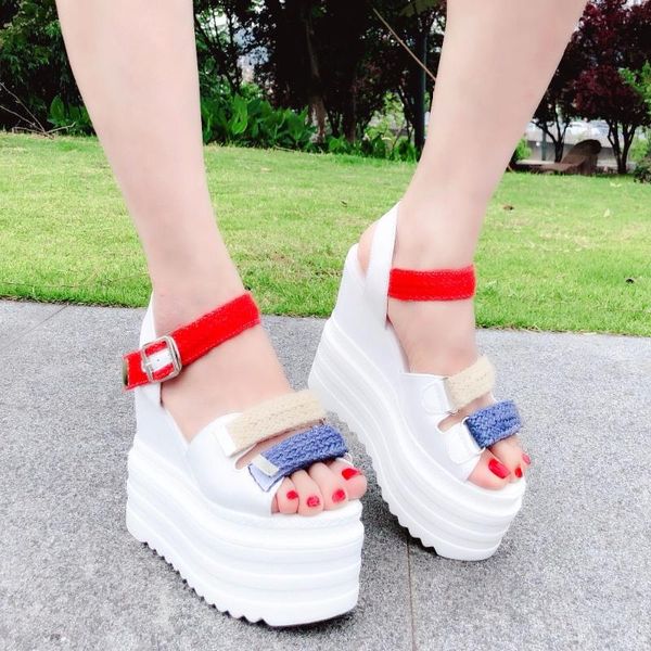 

european and american thick-soled sandals 2021 summer webbing 13cm open toe increase women's shoes sponge cake roman, Black