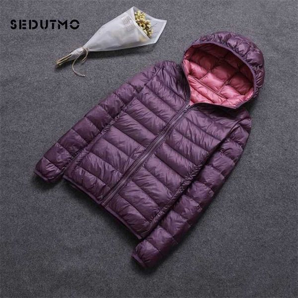 

sedutmo winter duck down coat women hooded two side wear jackets ultra light spring puffer jacket ed616 211018, Black