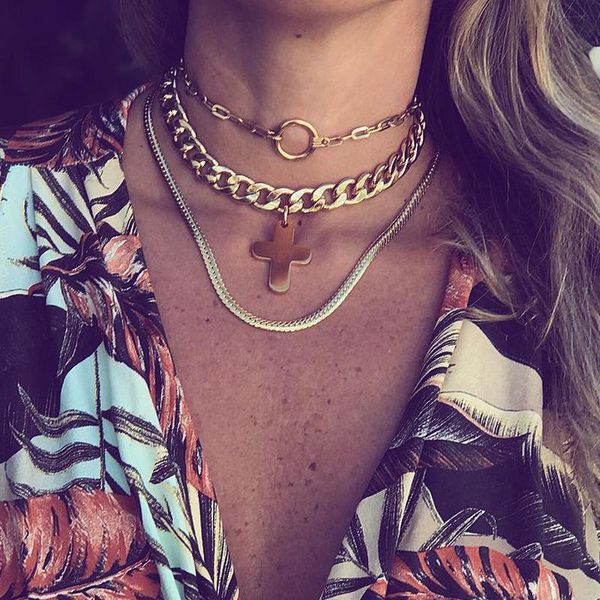 

chokers punk multilayers statement necklace chain big cross round circle chocker gold collier femme bijoux boho ketting gift for women, Golden;silver
