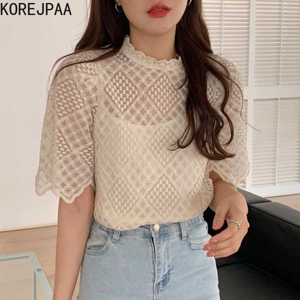 

korejpaa women shirt summer ladies french retro stand-up collar lace crochet hollow wavy edge slightly transparent blouses 210526, White