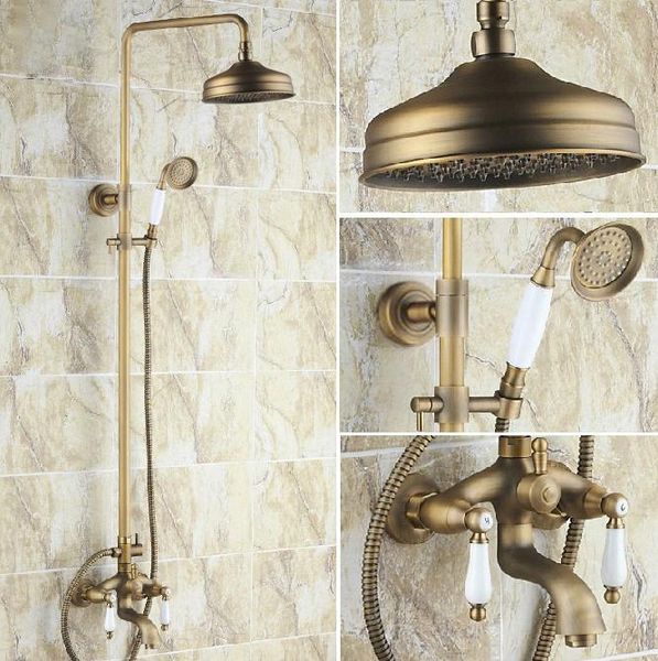

vintage antique brass dual ceramic handles bathroom 8.2 inch round rain shower faucet set bath tub mixer tap hand mrs162 sets
