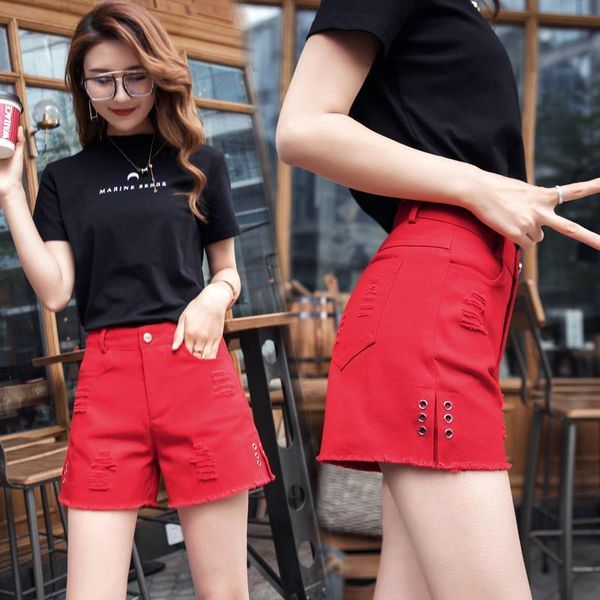 

women's shorts holed denim summer 2019 new korean high waist loose thin white wide leg pants, White;black