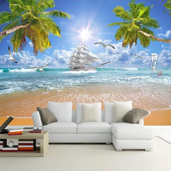 

wallpapers custom 3d po wallpaper seascape sailboat beach coconut tree landscape wall painting living room tv background mural de parede