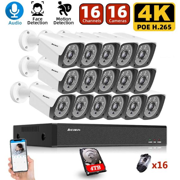 

system nvr kit 8mp super outdoor motion detection security ip camera audio h.265+ 16ch poe video surveillance set wireless kits