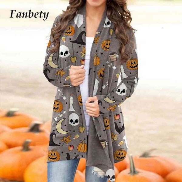 

women's jackets halloween skull pumpkin print long sleeve cardigans autumn winter casual open stitch ladies elegant plus size, Black;brown