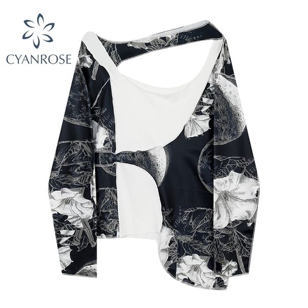 

women's irregular spliced bodycon tees or streetwear party club bar slim t shirt summer chic print hole female 210515, White