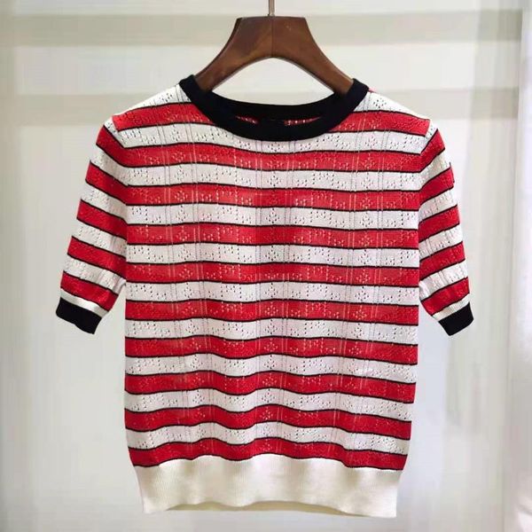 

summer 2021 designer women's knitted hollow-out stripe t-shirts c423 t-shirt, White