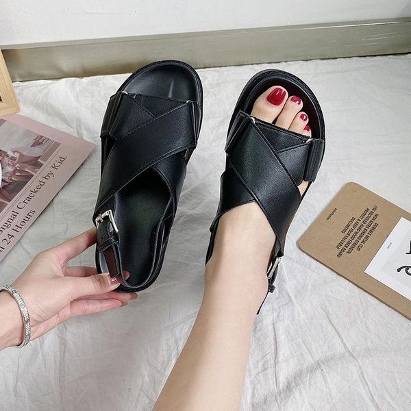

sandals summer shoes 2021 peep-toe genuine leather women's thick crust muffin buckle flat roman, Black