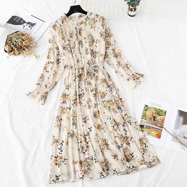 Vintage Manga Longa Mulheres Vestido Primavera Verão Floral Impressão Chiffon Plissado Vestido Ruffled Vestidos Longos Plus Size Vestidos 210521