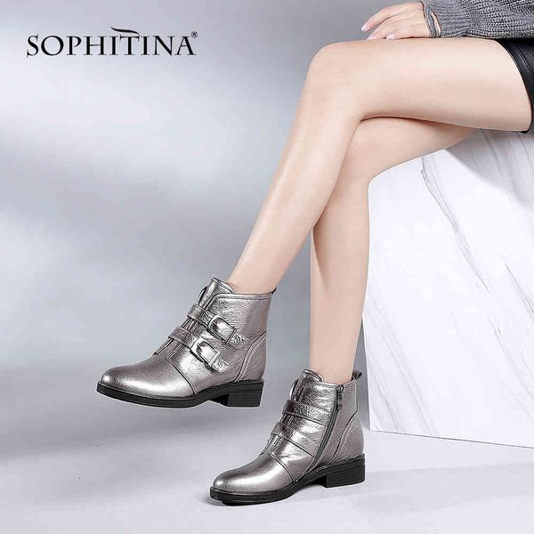 

sophitina women square heel ankle boots metal decoration round toe cow leather shoe handmade with short plush lining boot b70 210513, Black
