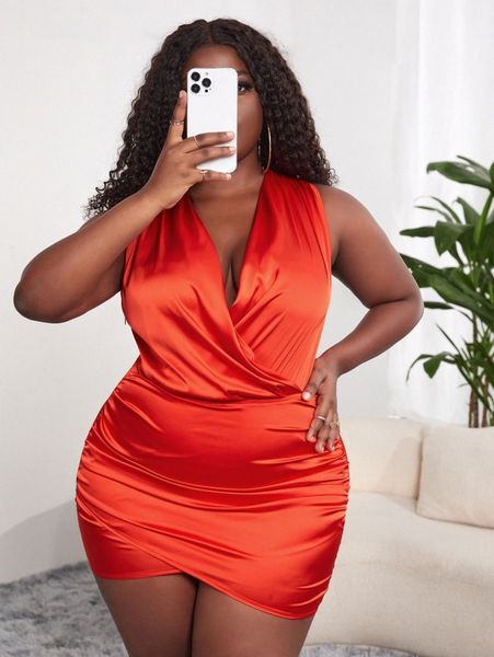 

sxy plus surplice neck ruched satin bodycon dress z0ba#, Black