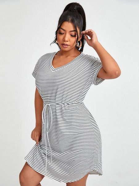 

plus striped curved hem belted dress k13g#, Black