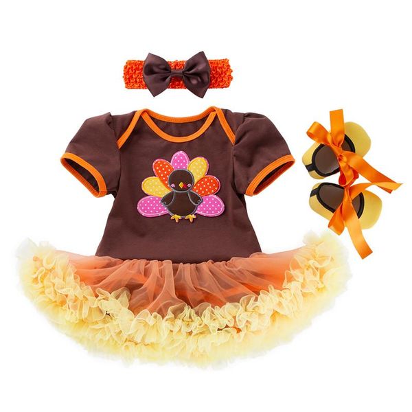 

girl's dresses infant toddler baby girl clothes set fashion kids girls romper suit romper+headband+shose thanksgiving day outfits, Red;yellow