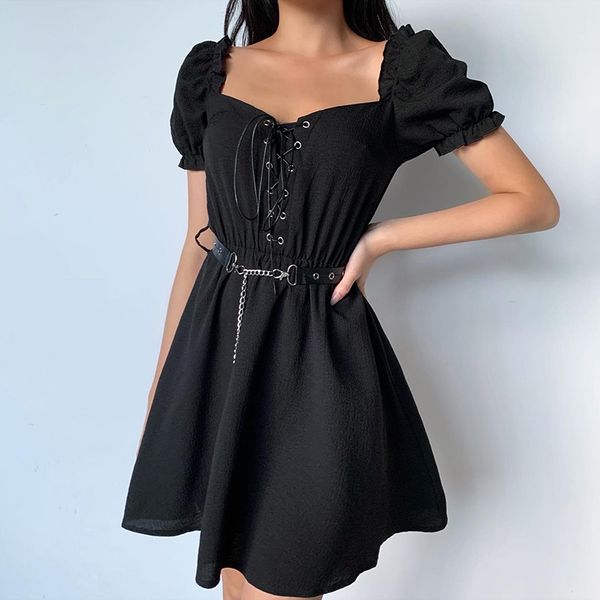

2021insgoth harajuku punk black mini dress gothic streetwear bandage patchwork v-neck vintage female dress puff sleeve lady dress, Black;gray