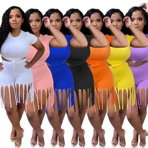 

3xl 4xl 5xl women tassel 2 piece sets fashion tracksuits plus size summer clothing t-shirt shorts shirts capris short sleeve crew neck jogge, Black