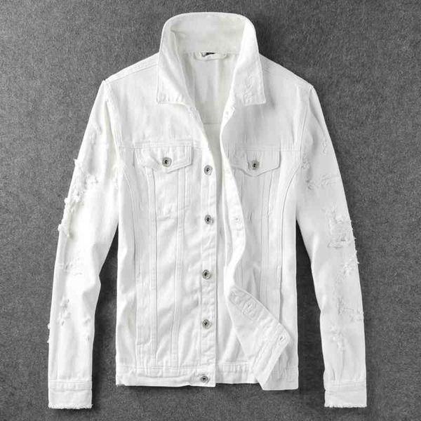 

men's jackets korean style fashion elastic destroyed designer ripped slim denim jacket streetwear hip hop casual cotton coats s2ri, Black;brown
