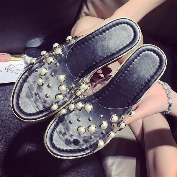 

cool slippers women summer fashion versatile wear muffin thick bottom waterproof platform pearl transparent slope heel slip, Black