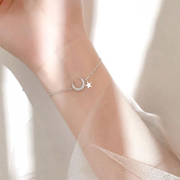 

sterling silver crystal star moon charm bracelet for women &bangle fashion jewelry party gift sl390 link, chain, Black