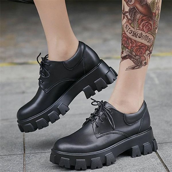 

boots platform oxfords women lace up cow leather high heel military ankle female low round toe fashion sneakers casual shoes, Black