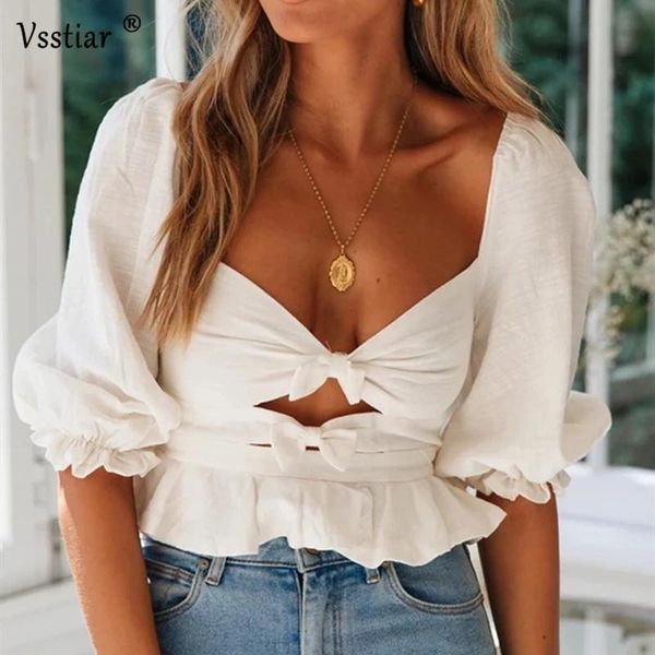 

vsstiar women half sleeve blouse summer v neck bow short white yellow 2021 backless ruffles ladies shirts women's blouses &