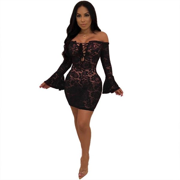 

casual dresses women off shoulder lace perspective dress slash neck up fare long sleeve bodycon night club mini, Black;gray