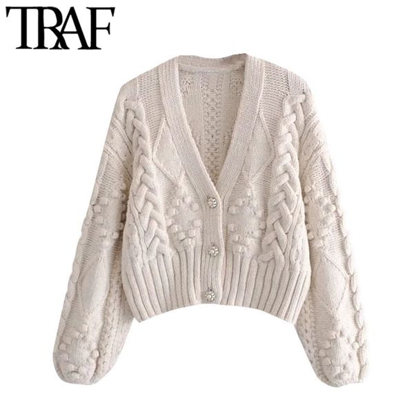 

traf women fashion pompom appliques cropped knitted cardigan sweater vintage long sleeve female outerwear chic 210812, White